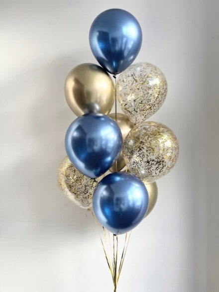 Μπουκέτο Μπαλονιών σε Βασιλικό Μπλε με Διάφανο Μπαλόνι και Χρυσό Confetti – Ιδανικό για Γενέθλια & Κάθε Εκδήλωση