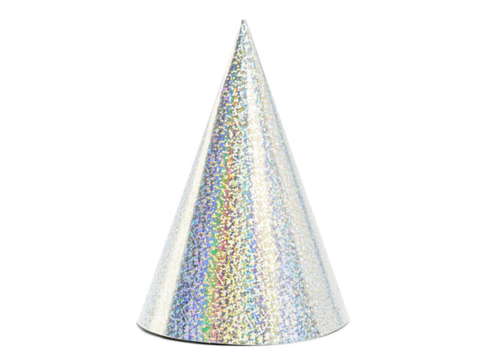 Holographic party hats, silver, 16cm