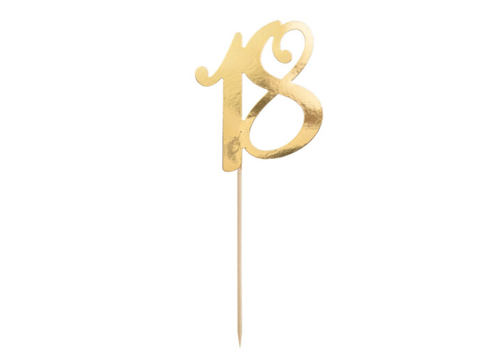 Cake topper with number 18 in gold colour, height approx. 20.5 cm. 1 pkt / 1 pc