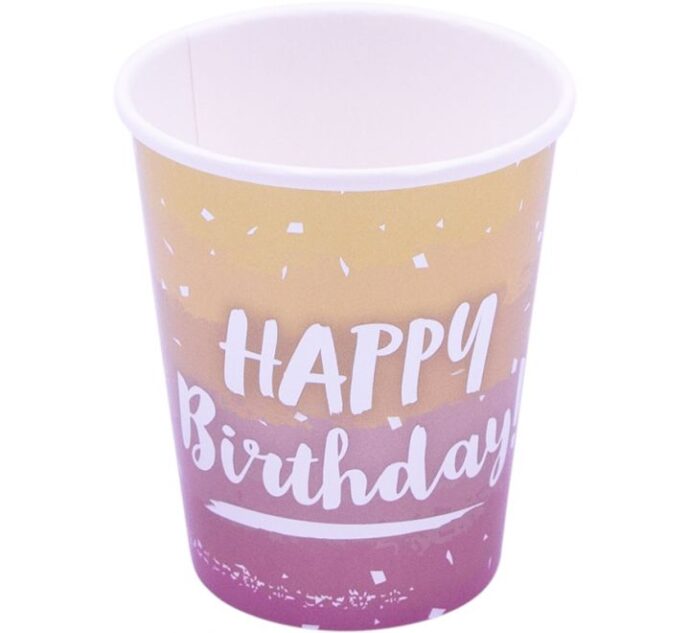 Ombre  Ροζ Χρυσά Ποτήρια Χάρτινα με Τύπωμα Happy Birthday (8τμχ)