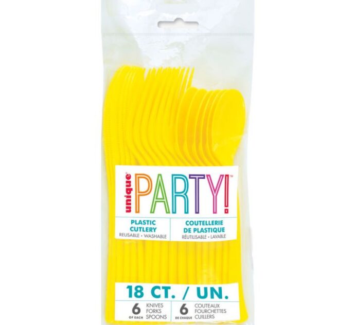 18PC NEON YELLOW ASSORTED PLASTIC CUTLERY